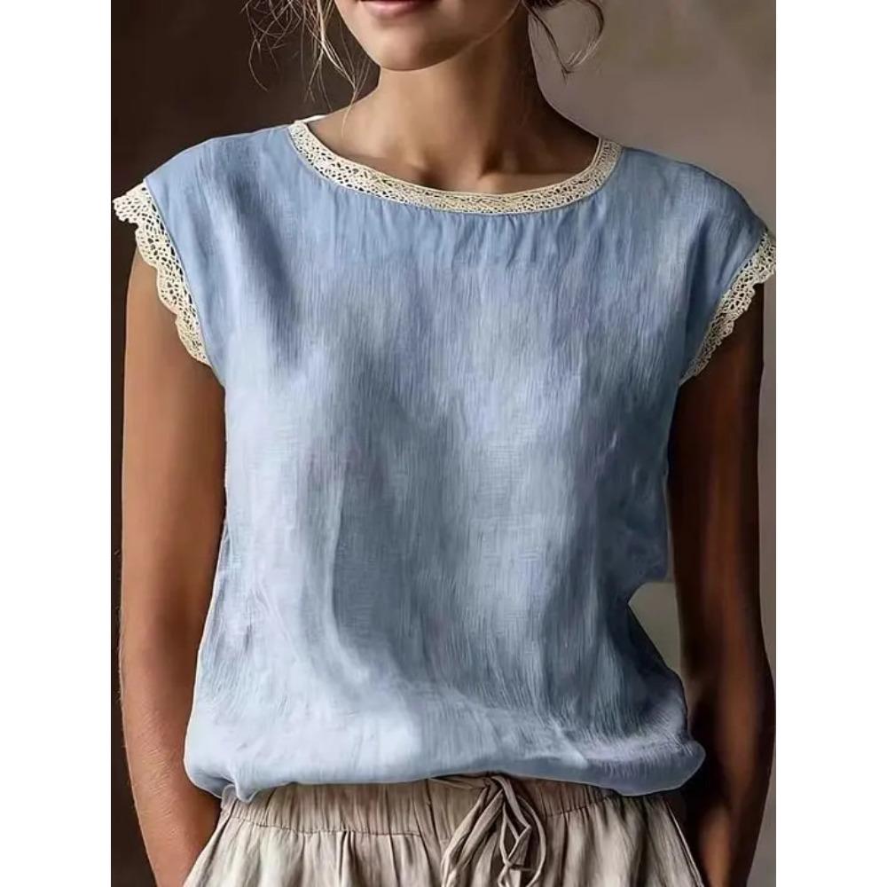 Women Sleeveless Round Neck Lace Trim Pullover Top New Summer Thin