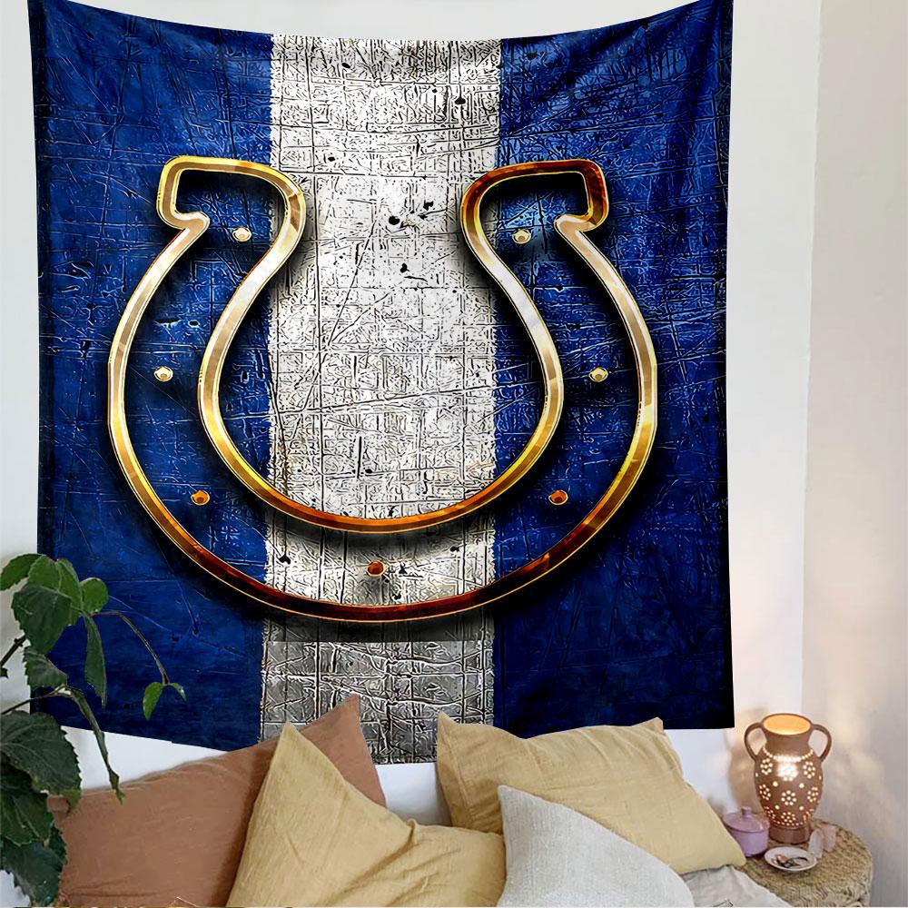 Golden Horseshoe Tapestry Wall Hanging, Blue White Lucky Charm Art, Boho Wall Decor for Bedroom Living Room Dorm