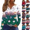 Женская футболка Футболка Рождественский принт Пуговица Длинный рукав Туника Повседневная Мода для выходных Базовая С V-образным вырезом Обычный топ