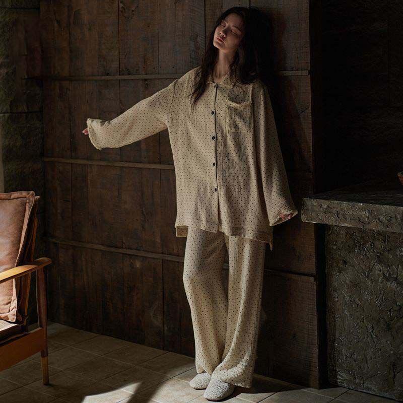 Женский пижамный комплект с подкладкой против выпирания: Комплект с длинным рукавом и брюками, повседневный расслабленный стиль для весны-зимы