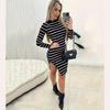 Autumn/winter Women's Elegant Dress with Striped Printed Side Slit