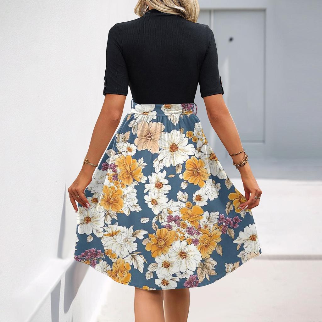 Женское модное повседневное платье с коротким рукавом и круглым вырезом с цветочным принтом и элегантным темпераментом