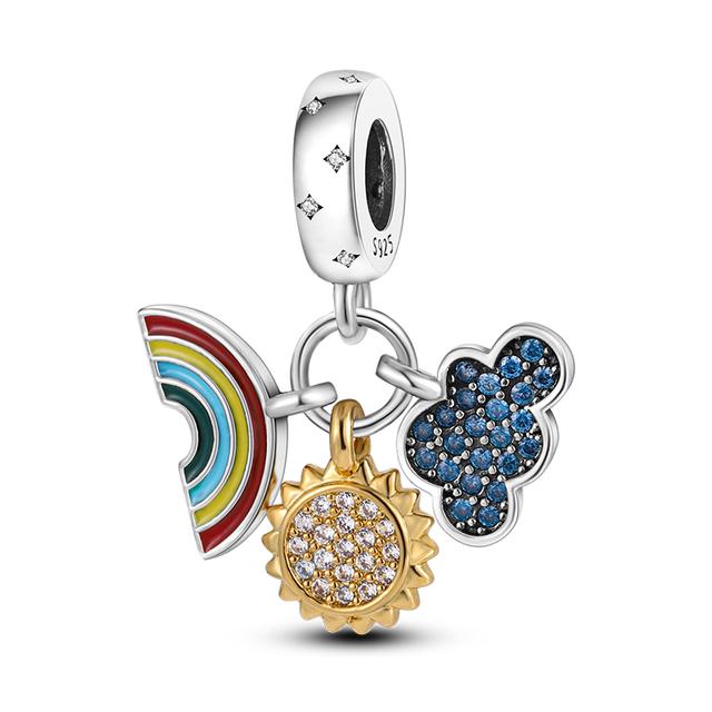 Fit Bracelet Inlaid Zircon Beads Charms 925 Sterling Silver Heart -Shape Colorful Dangle Pendants Bangle Jewelry