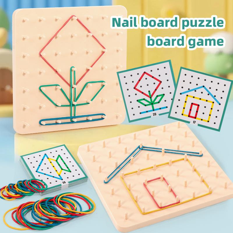 Kids Geoboard Wooden Pegboard Puzzle Toy with Rubber Bands & Pattern Cards, Montessori Early Learning Stem Toy for Toddlers 3+