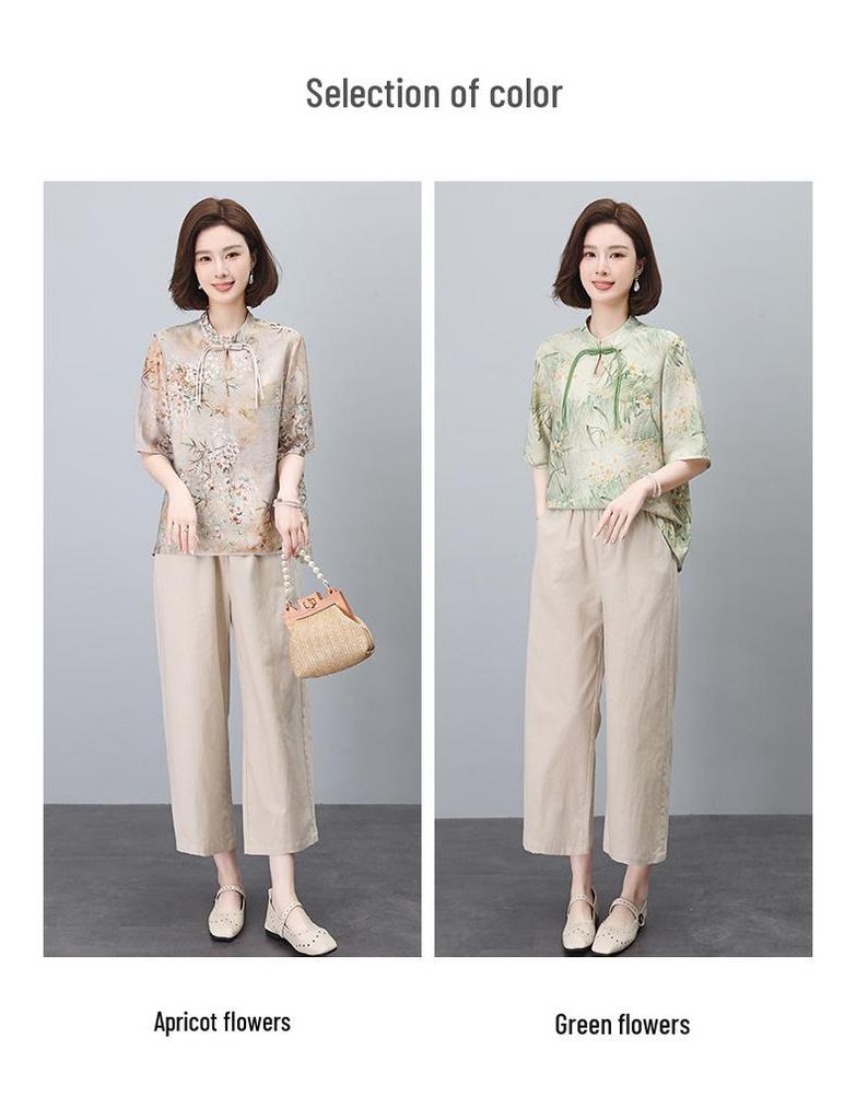 Летний женский костюм в национальном стиле из хлопка и льна, состоящий из двух предметов, для пышных фигур