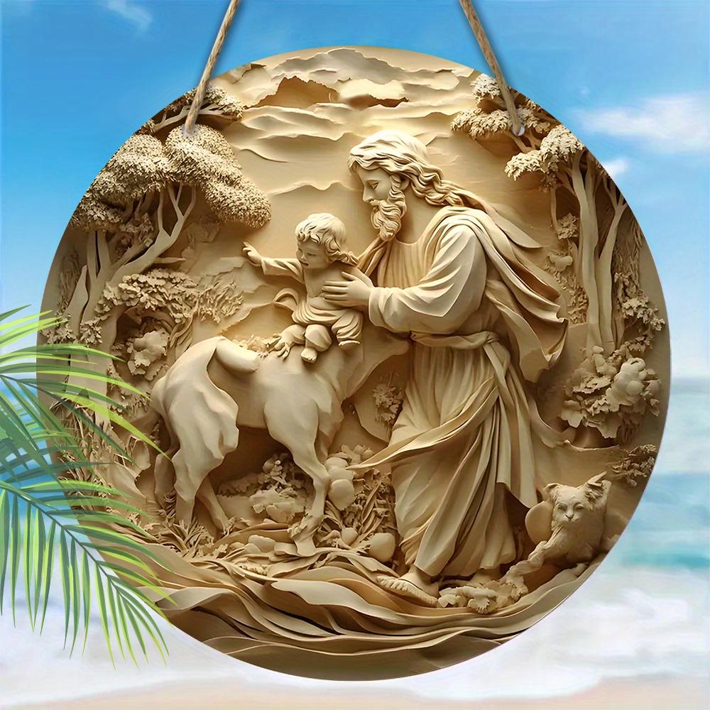 1 шт. Деревянная табличка с изображением Рождества Иисуса - эффект рельефа 2D, круглая настенная подвеска для декора церкви и дома, идеальное рождественское украшение, рождественский декор