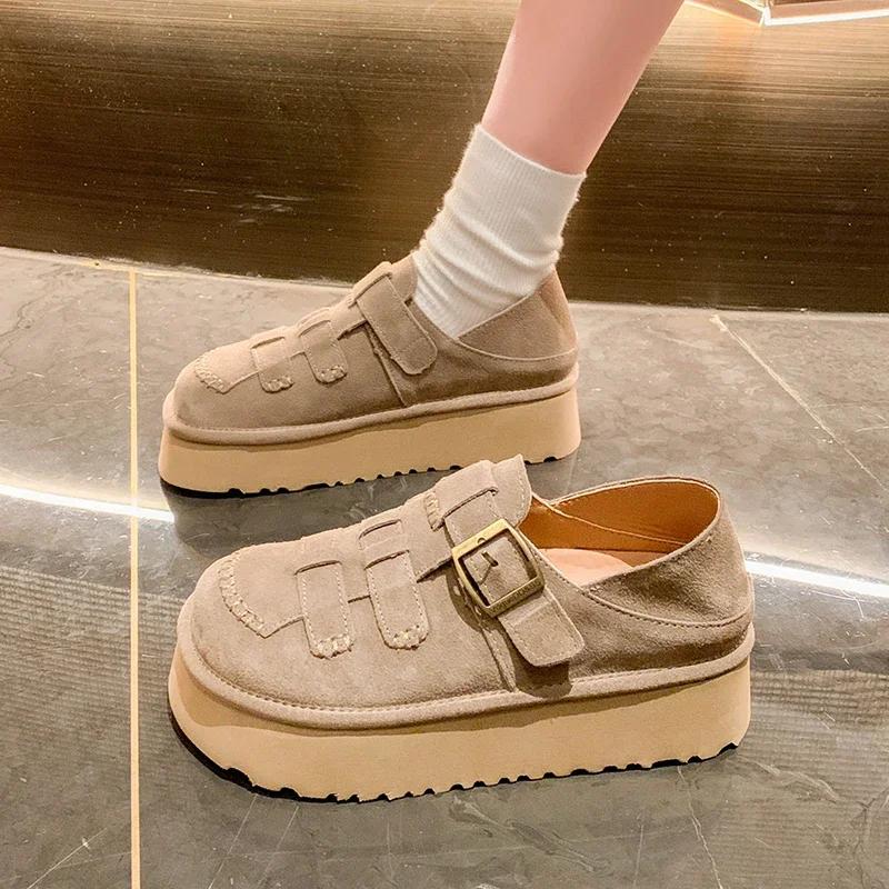 Распродажа модной женской обуви 2024 года, новые женские туфли на плоской подошве с пряжкой, осенние туфли с круглым носком, однотонные, повседневные туфли на платформе для офиса, большого размера