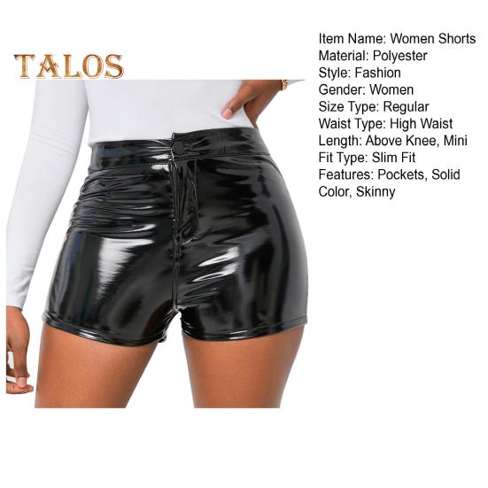 Женские шорты с высокой талией и пуговицами на молнии, шорты из искусственной кожи с подъемом бедер, глянцевые цветные эластичные шорты, одежда для ночного клуба