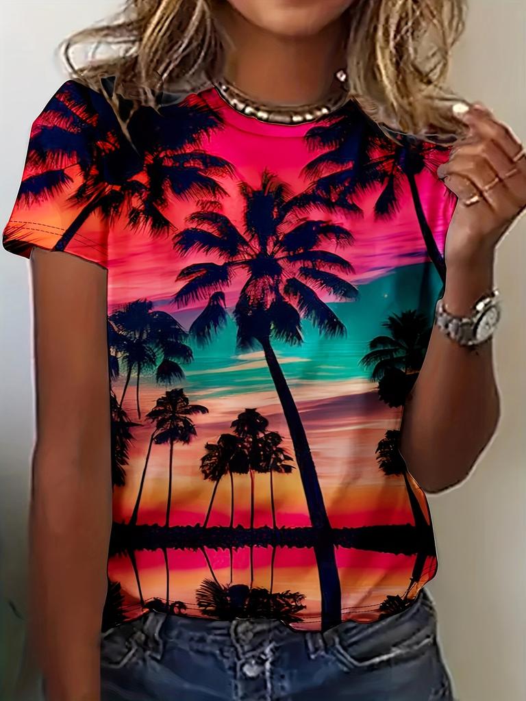 Женская футболка с коротким рукавом, цифровая 3D-печать, красивый рисунок пейзажа, круглый вырез, повседневный короткий рукав