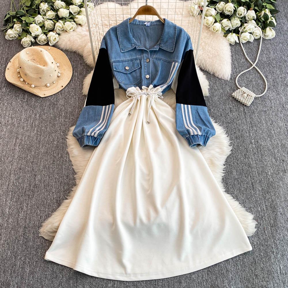 Новое контрастное джинсовое платье в стиле пэчворк с лацканами, женское дизайнерское платье Sense с завязками на талии, утягивающее длинное платье