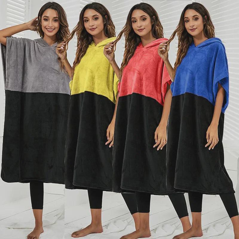 «Летний двухцветный повседневный халат из кораллового флиса с капюшоном»