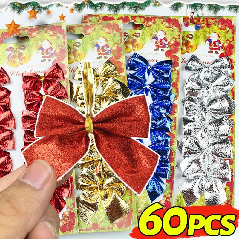 60/12PCS Glitter Christmas Bow Red Gold Mini Bowknot Xmas Tree Pendant New Year Party Home Ornaments DIY Gift Box Decor Supplies