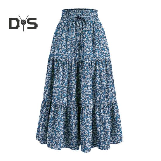 Женская юбка, эластичная, с высокой талией, на шнуровке, юбка-лето, в стиле бохо, с цветочным принтом, оборками, низом, длинная юбка