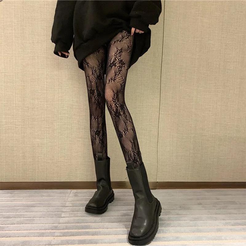 Black Classic Lolita Stockings With Belt Erotic Lingerie Women Sexy Pantyhose Goth Punk Spider Mesh Tights Floral Lace Stockings