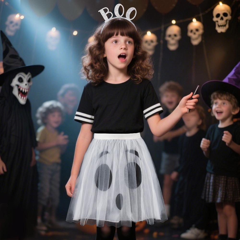 Halloween Ghost Face Pumpkin Veil Dress And Headband Set For Kids