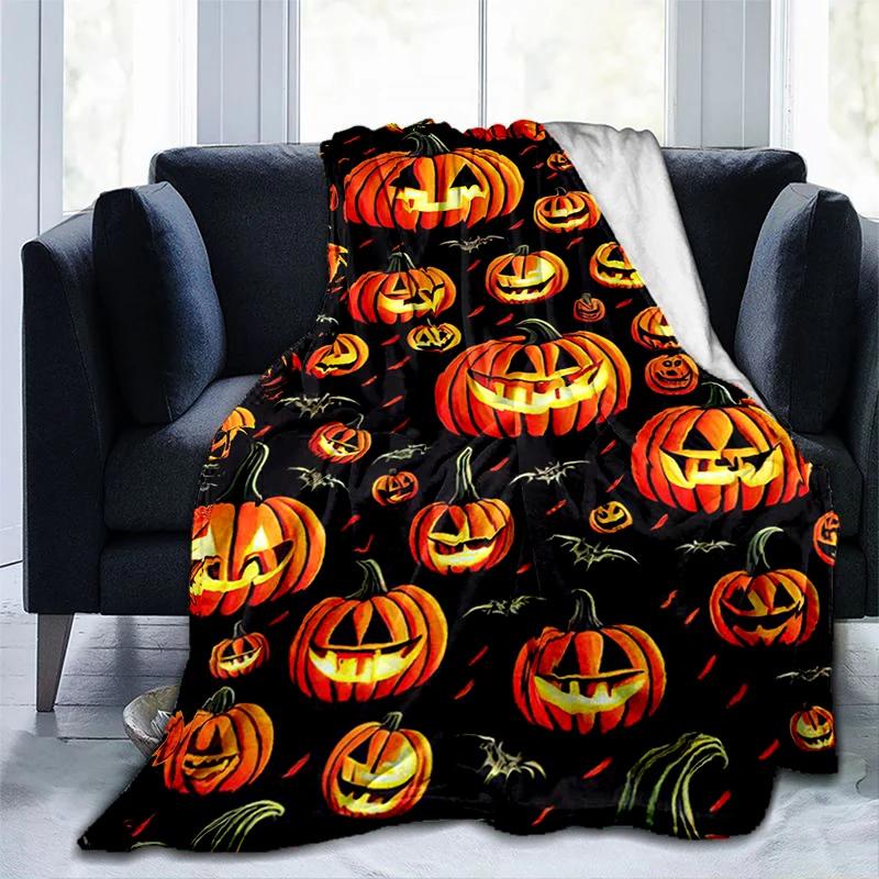 Halloween Pumpkin&horror Ghost Printed Blanket, Fashionable Warm Flannel Blanket, Sofa Bed Cover Blanket, Halloween Gift