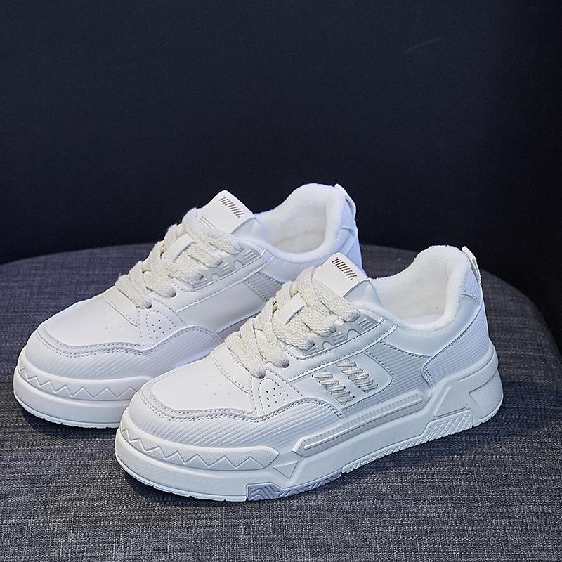 Новые зимние туфли 2024 года, белые туфли для женщин, плюшевые спортивные туфли на толстой подошве, теплые хлопковые кроссовки для женщин