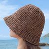 Women Summer Solid Color Woven Straw Bucket Sun Hat Foldable Wide Brim Hollow Breathable Sunscreen Beach Hat