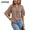 Summer Solid Color V-neck Double-sleeved Loose T-shirt Short Sleeved Top