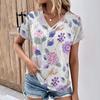 Vintage Women Floral Print T Shirt Short Sleeve V Neck Tops Comfortable T-shirts