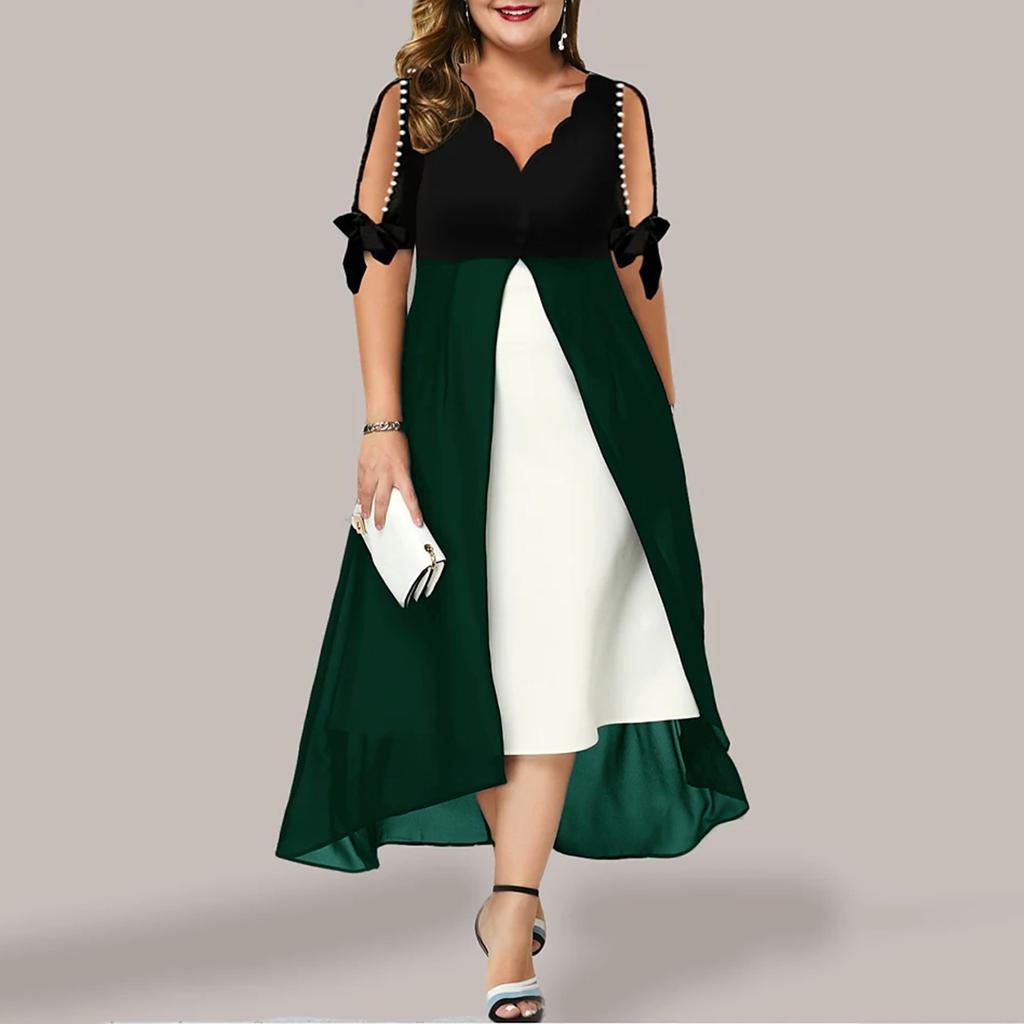 Women Plus Size 3/4 Sleeves V Neck Chiffon Panel Contrast Cocktail Semi Formal Play Dress