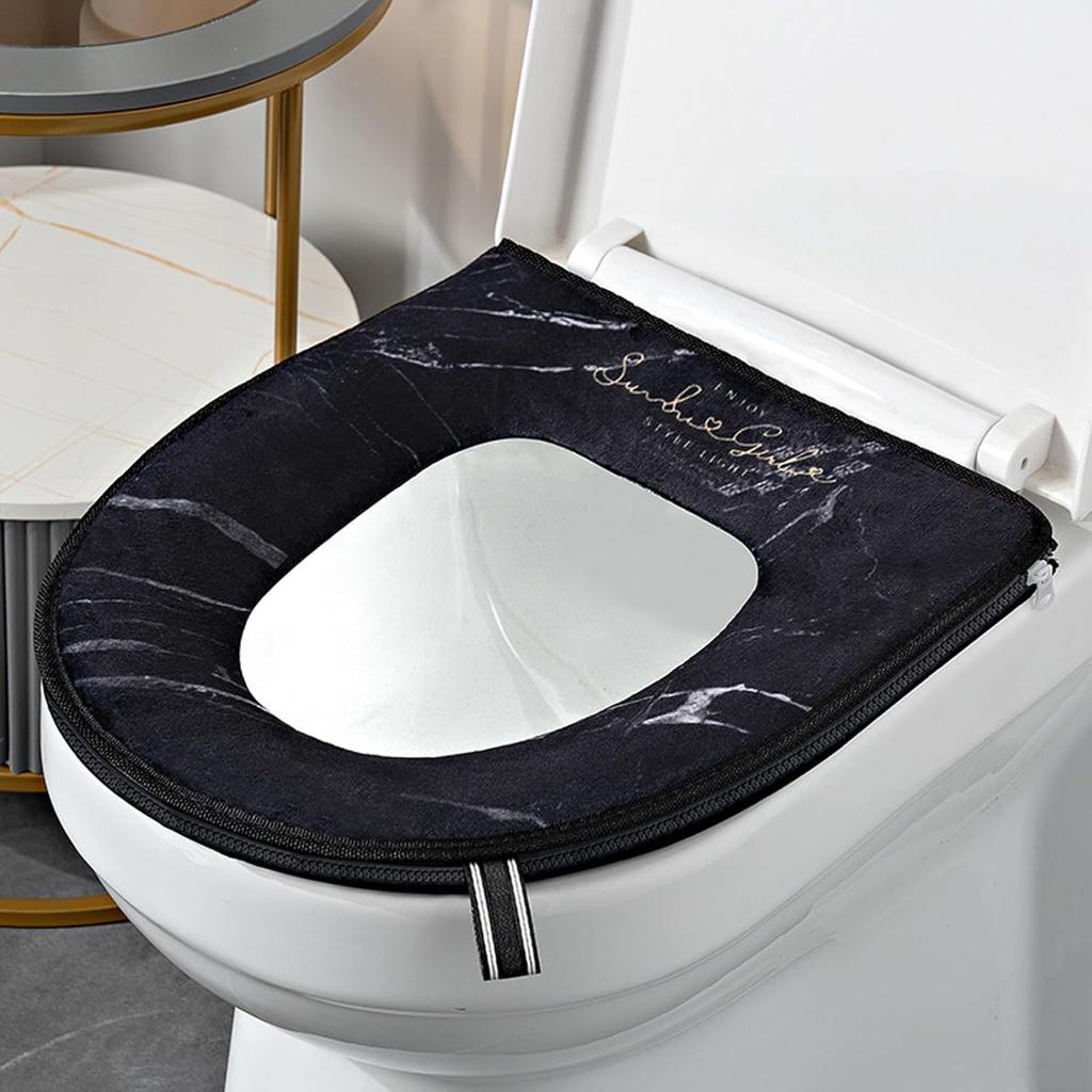 Duoduo Toilet Seat Cover with Zipper, Washable Standard Toilet Lid Cover with Handle, Soft Thicken Warm Cover Pad Cushion for Bathroom, Fits All