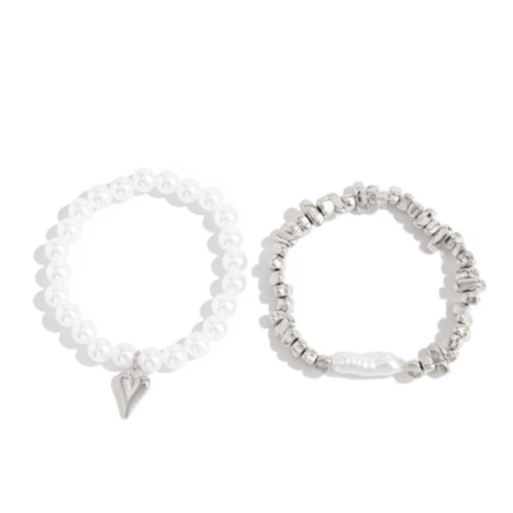 Silver Heart Pendant Bracelets Beaded Metal Hand Chain Vintage Imitation Pearl Bracelets  Gifts