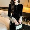 Autumn Winter Elegant Fashion Lace Patchwork Velvet Dress Women Vintage Single Breasted Bodycon Robe Vestidos