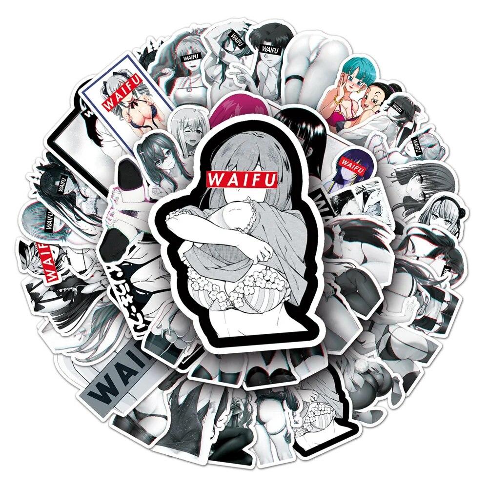 50 шт., новинка, черно-белая наклейка Waifu, хентай-бикини для девочек, для отаку, взрослых, телефонов, ноутбуков, Ipad, наклейки из ПВХ