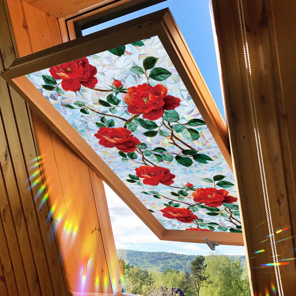Декоративные статические наклейки с ярким узором роз, напечатанные лазером, для домашних стеклянных дверей и окон