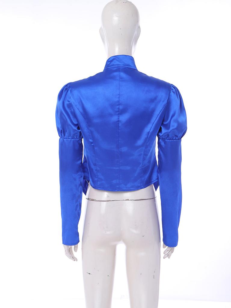 Women Victorian Blazer Stand Collar Long Puff Sleeves Button Satin Jacket Asymmetrical Blouse for Office Business Casual Theme Party