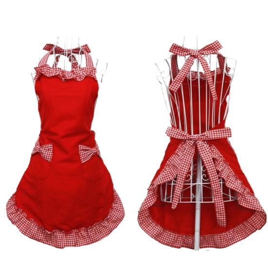Women Cute Bowknot Decor Pocket Apron Plaid Print Splicing Adjustable Lace-up Kitchen Flirty Apron Mother Day Gift