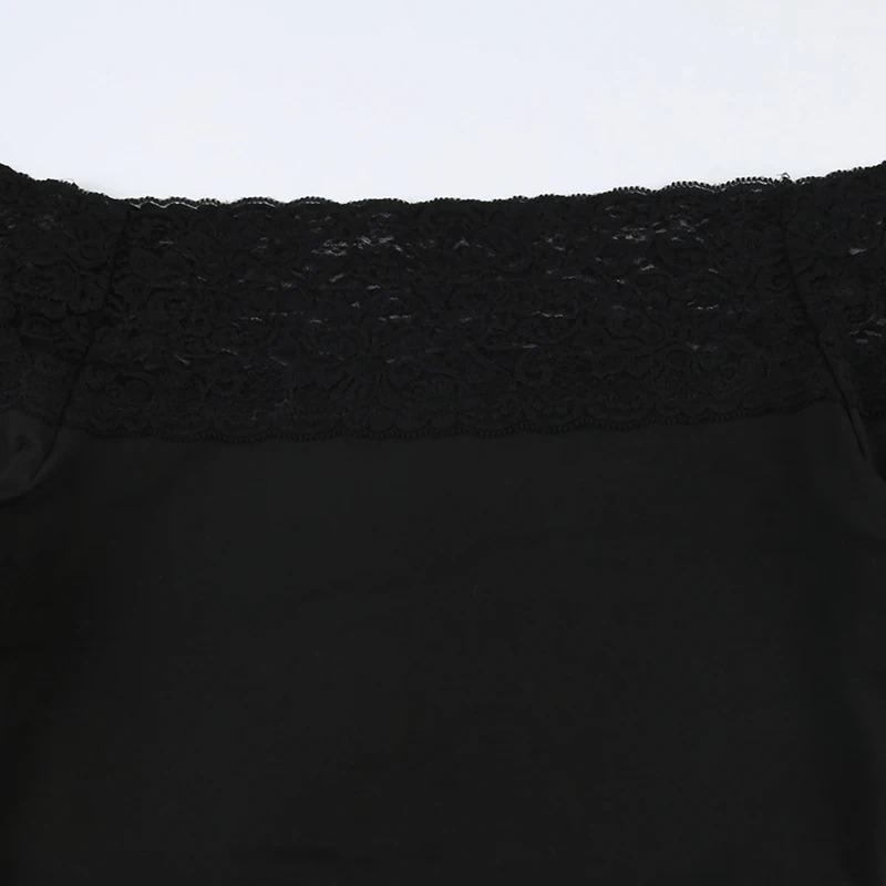 Черный кружевной топ с вырезом-лодочкой, элегантные сексуальные обтягивающие футболки с длинным рукавом для женщин, футболки Harajuku Y2k Autumn Tees Basic