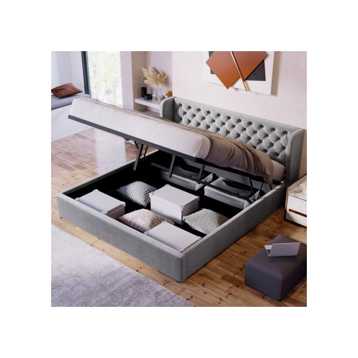 Lit double - MUVOE - 180x200 cm - Tissu velours gris - Rangement coffre - Design Chesterfield