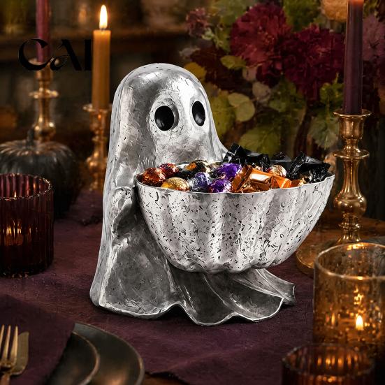 Desktop Decorative Bowls Halloween Ghost Candy Bowl, Resin Storage Dish, Silver Table Decor Gray Snack Holder, for Home Tabletop And Entryway
