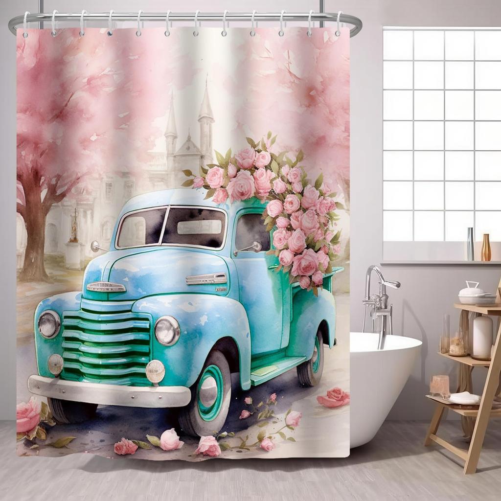 Pink Truck Rose Shower Curtain Car With Pink Flower Floral Fabric Shower Curtains Fashion Woman Girl Shower Curtin Bathroom