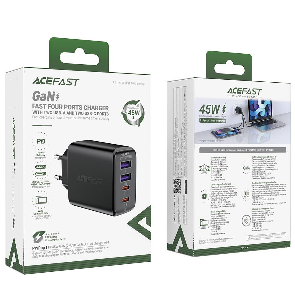 Acefast A61 45W GaN Charger, 2 USB-C & 2 USB-A Ports, Black