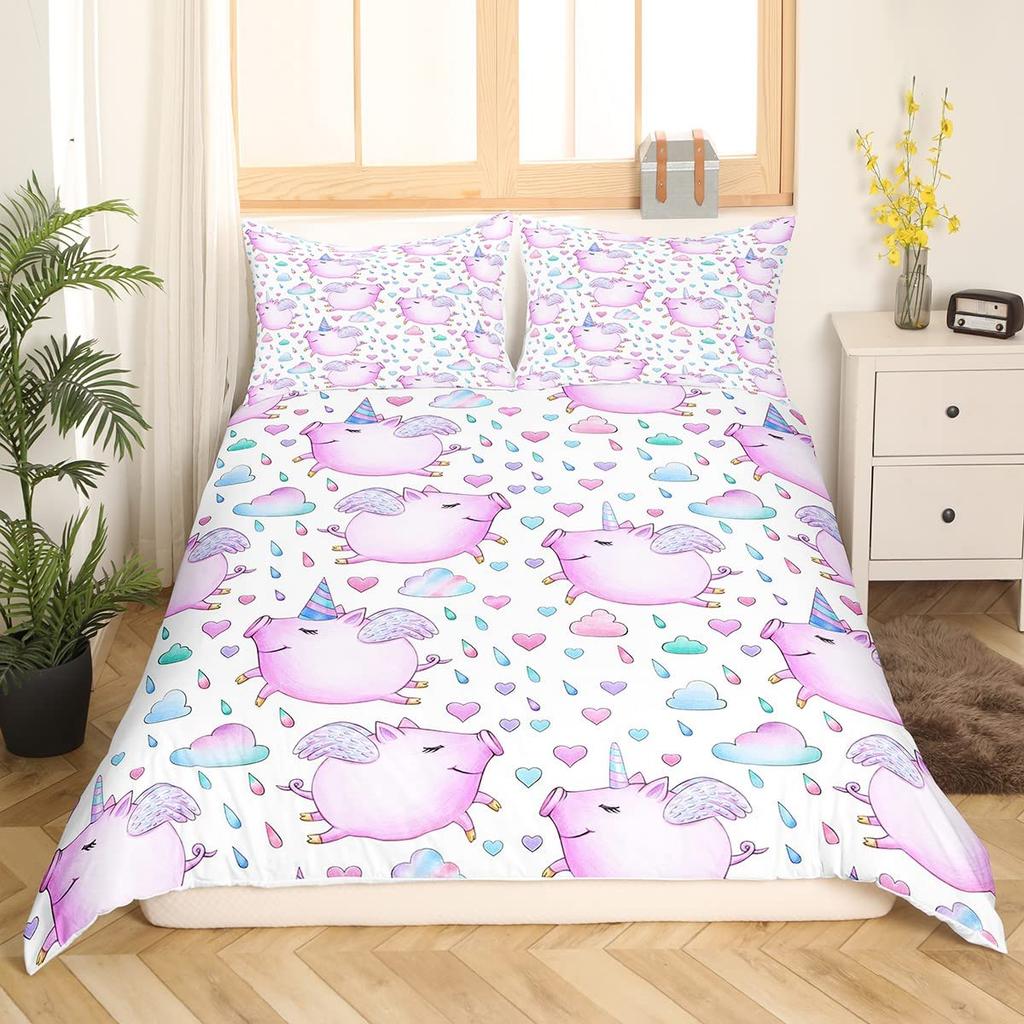 Cartoon Kawaii Pig King Queen Duvet Cover Happy Farm Animal Bedding Set Pink Piggy Quilt Cover 2/3pcs Polyester Comforter Cover