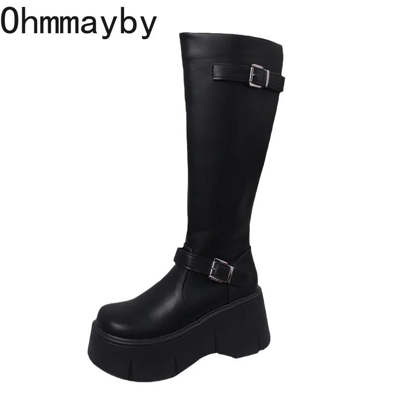 Модные женские сапоги до колена, модные ботильоны на платформе, танкетке, длинные ботинки, осенне-зимняя женская обувь