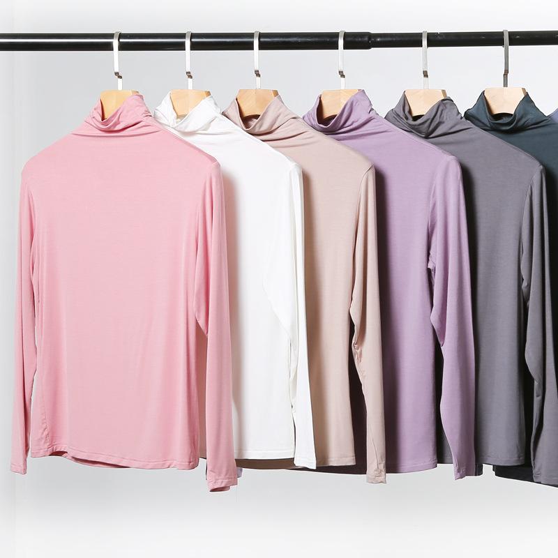 Водолазка с длинным рукавом Футболки женские Топ Осень Зима Однотонные Свободные Модальные Футболки Топ