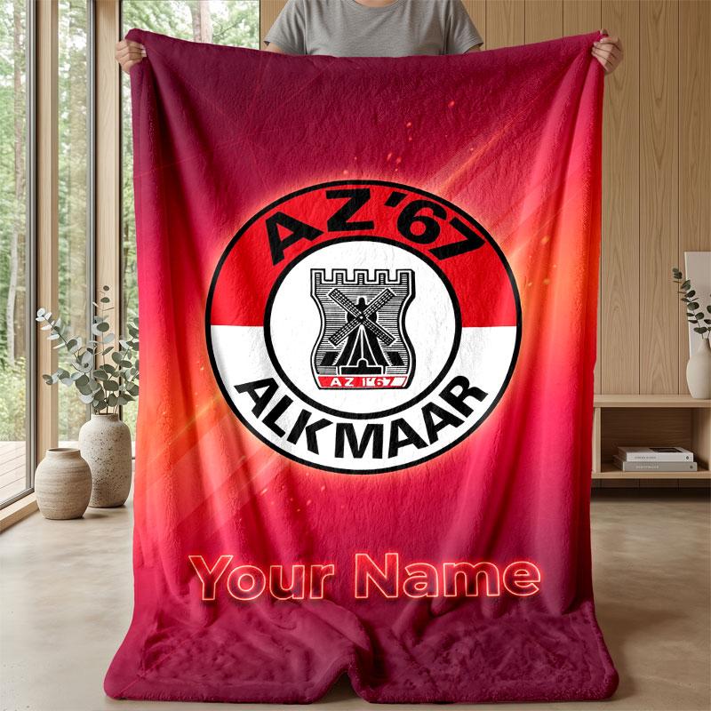 AZ Alkmaar Custom Name Text Flannel Blanket Soccer Logo Personalized Fleece Throw Blanket Special Gift For Sofa Bedroom Home