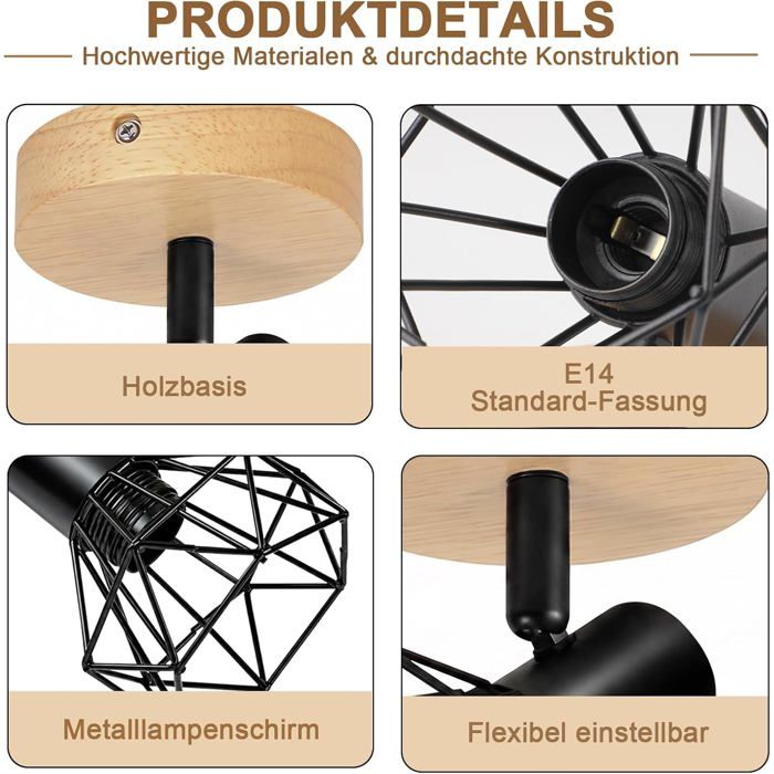 Spot plafond NETTLIFE E14 rotatif Noir bois Style industriel rétro