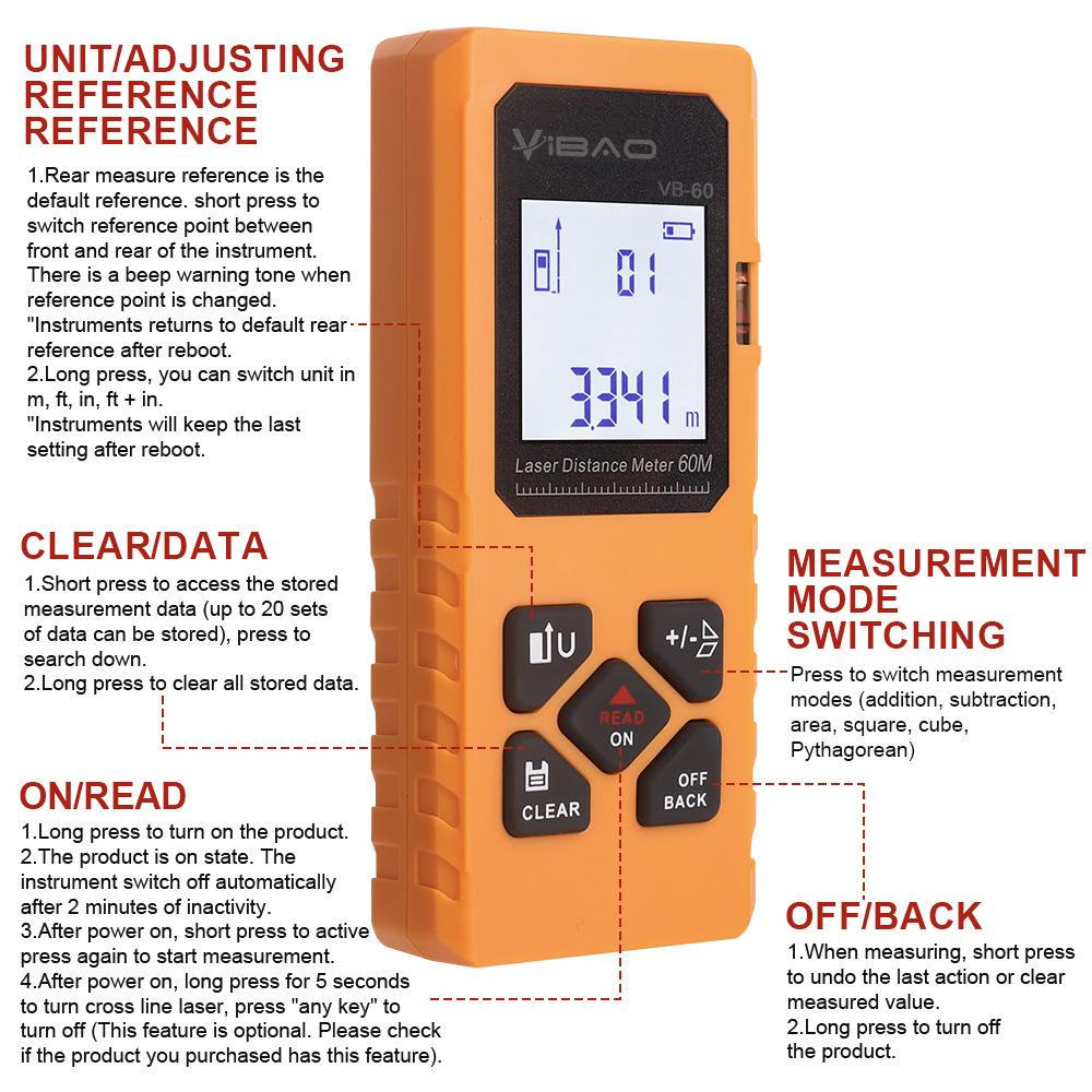 60M Mini Smart Laser Distance Meter Measure Infrared Rangefinder USB Rechargeable Portable Handheld Laser Range Finder Tools