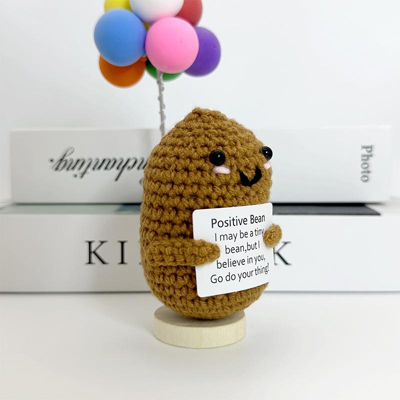 Funny Positive Crochet Coffee Bean Doll with Card for Cheer Up Gifts and Party Decor Handmade Knitted Potato Doll Desk Ornament
