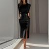 Women's Fashion Fashion Style Solid Color Round Neck Waist Split Metal Buttons Dresses