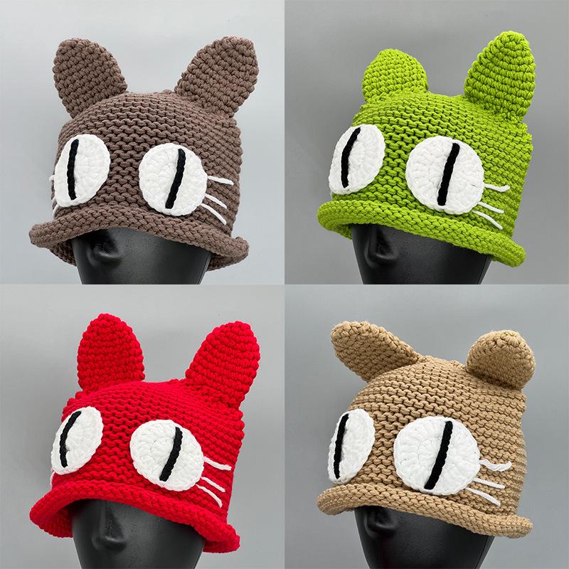 Handmade DIY cute ears wool hat female autumn and winter, warm and cold-proof big eyes monster cat knitted hat