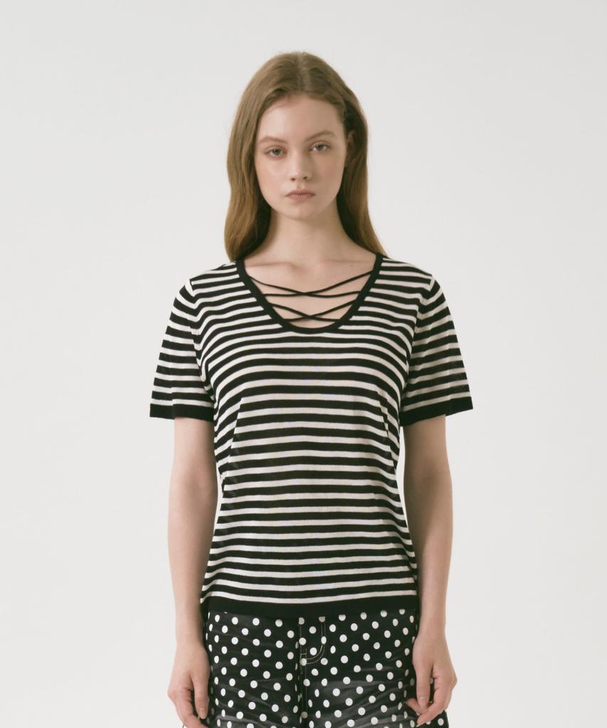 OCCUR Two-Way Cool Viscose V-Neck Short Sleeve Knit, Striped Black