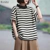 Women Casual Stand Collar Loose Half Sleeve Stripe T-Shirt