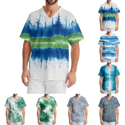 Мужская рабочая блузка с короткими рукавами и v-образным вырезом с принтом, топ с нагрудным карманом