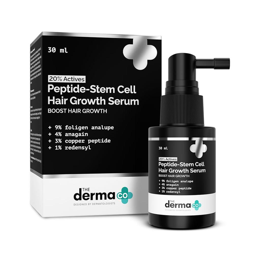 Сыворотка Derma Co с 20% активных компонентов, пептидами и стволовыми клетками для роста волос-30 мл|С 9% Foligen Analupe|4% Anagain|3% Медного пептида|1% Redensyl|Стимулирует рост волос